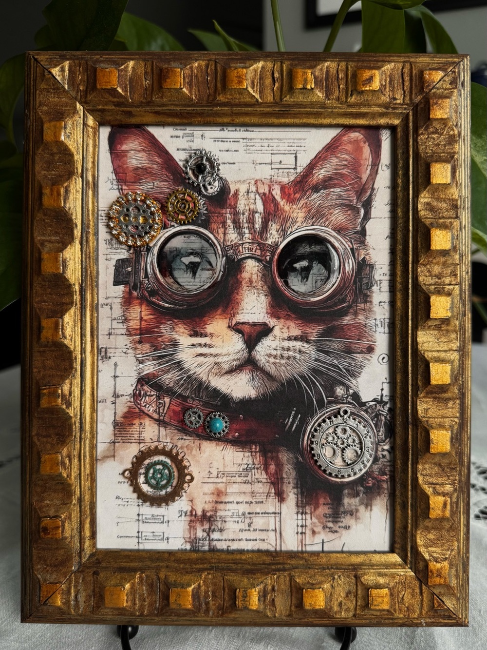 Hand Made Steampunk Cat Wall Art in Wood  Gold Frame with Metal gears 9” x 7”